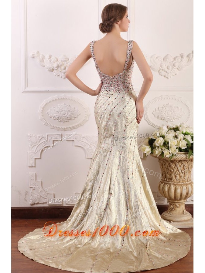 Diamonds Decorated Straps Trumpet Court Train Prom Dresses
