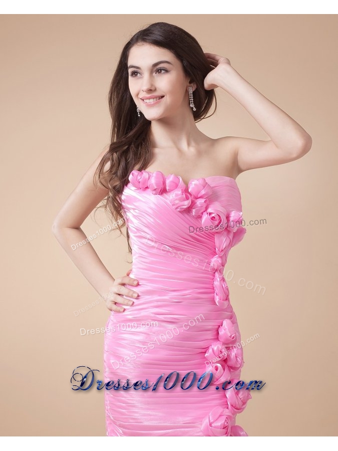 Chic Handle Flowers and Ruche Rose Pink Prom Dress for Women