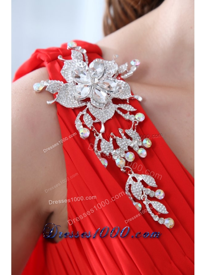 Flowers and Ruffles One Shoulder Ankle-length Red Prom Dresses