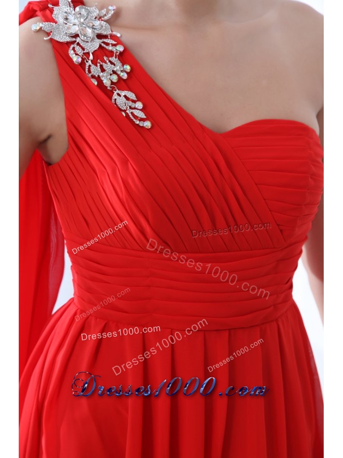 Flowers and Ruffles One Shoulder Ankle-length Red Prom Dresses