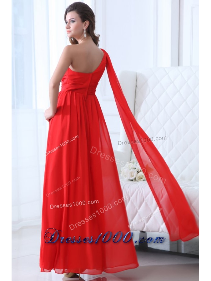 Flowers and Ruffles One Shoulder Ankle-length Red Prom Dresses
