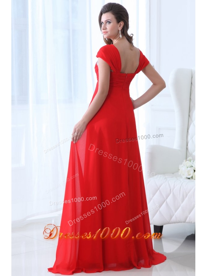 Wide Straps Empire Red Chiffon Prom Pageant Dresses with Trail