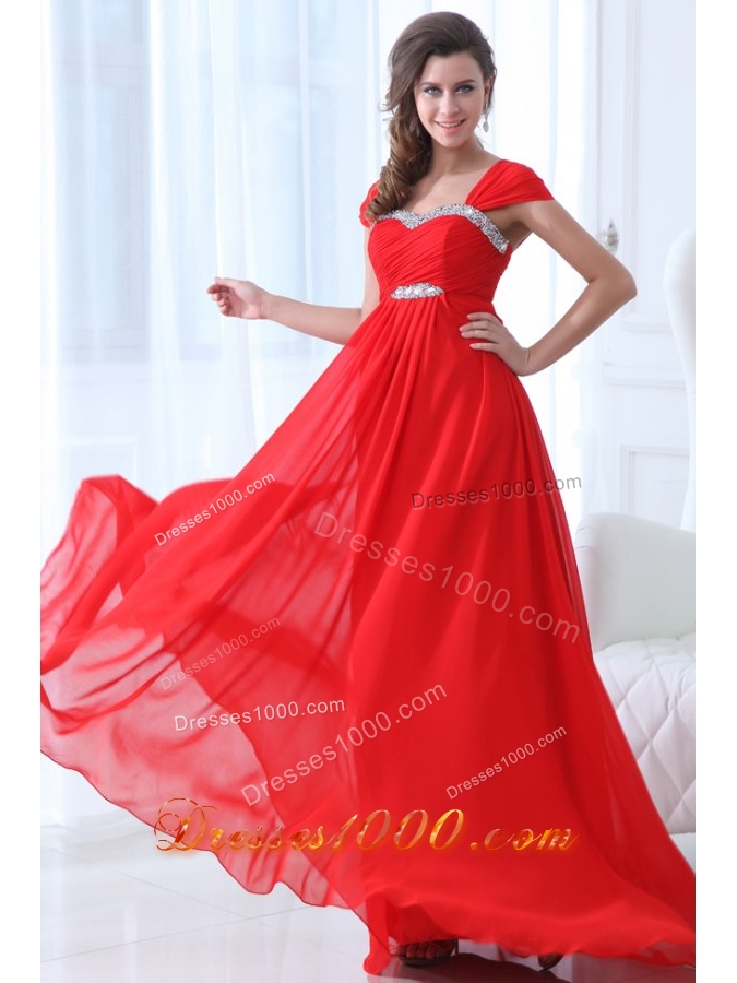 Wide Straps Empire Red Chiffon Prom Pageant Dresses with Trail