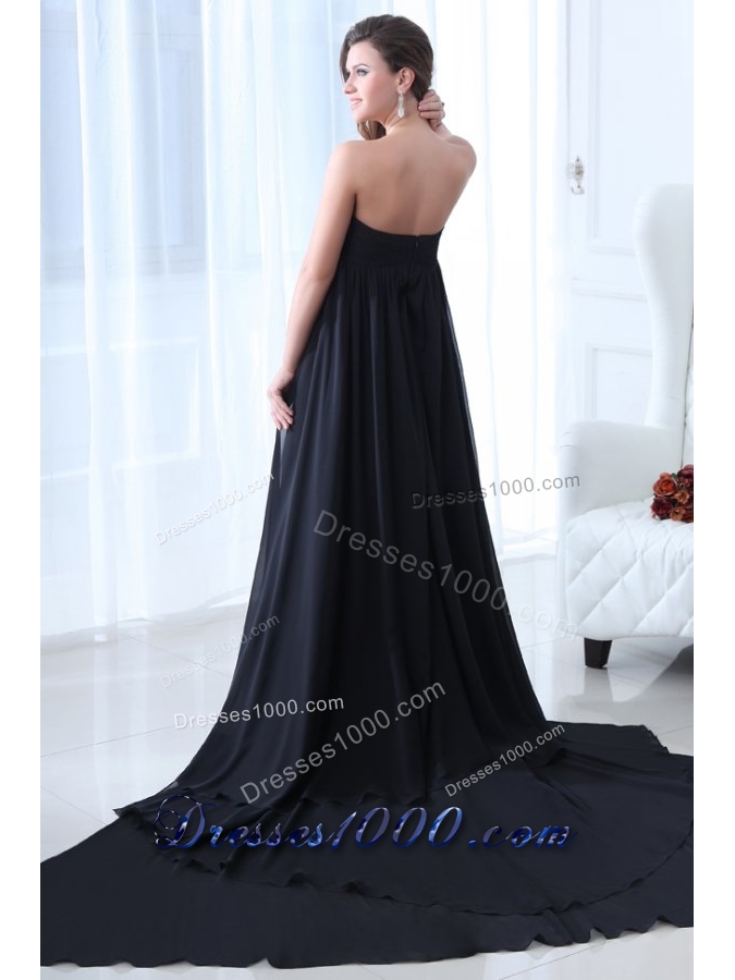 Cheap Ruching Empire Black Prom Formal Dress with Court Train