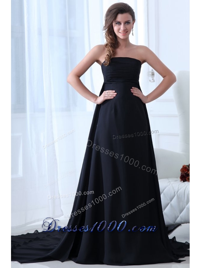 Cheap Ruching Empire Black Prom Formal Dress with Court Train