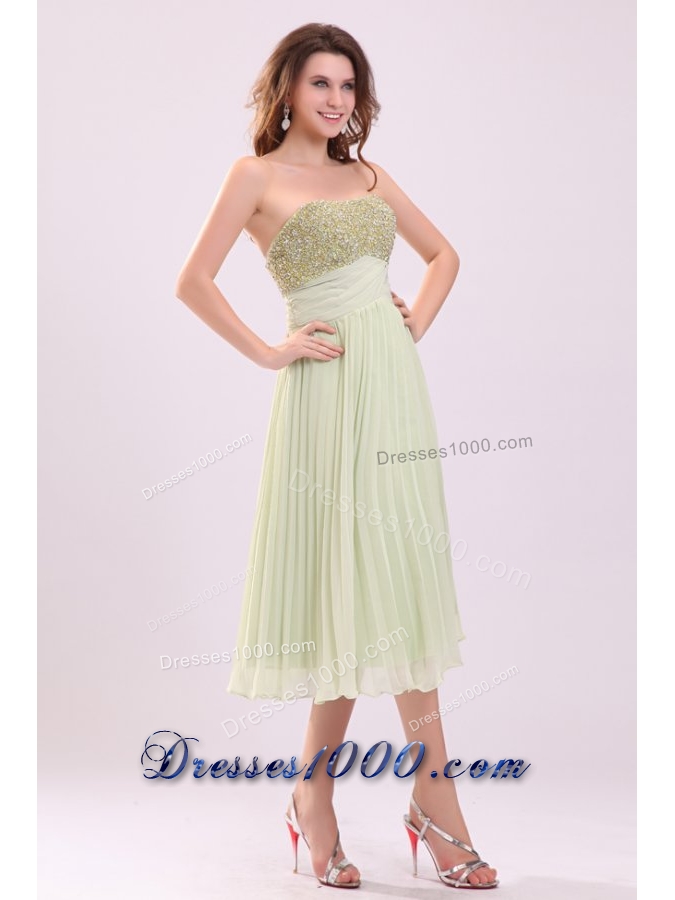 Yellow Green Empire Tea-length Prom Cocktail Dress with Sequins