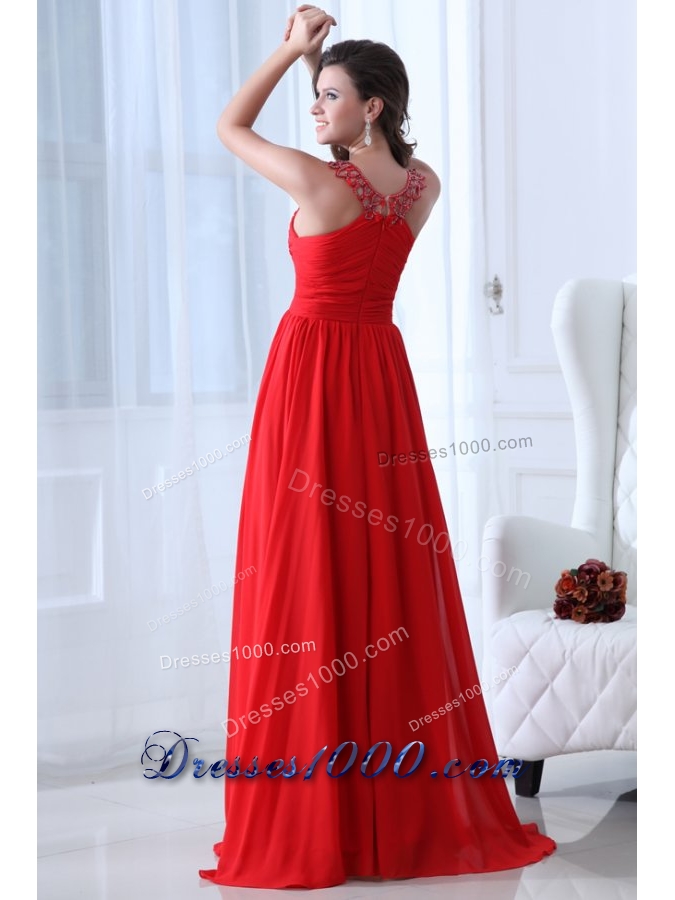 Fancy Red Princess Straps Chiffon Prom Dresses with Appliques