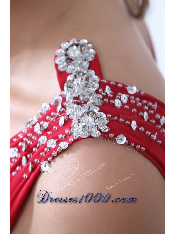 V-neck Beaded Decorated A-line Red Prom Dress with Brush Train