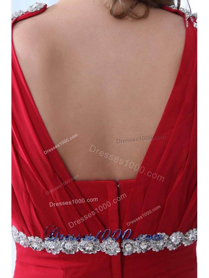 V-neck Beaded Decorated A-line Red Prom Dress with Brush Train