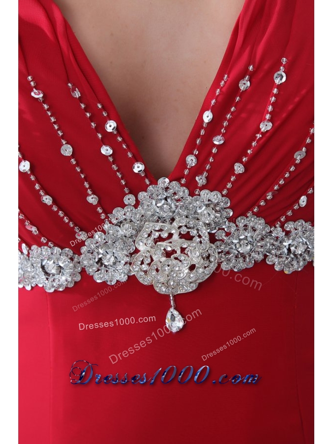 V-neck Beaded Decorated A-line Red Prom Dress with Brush Train