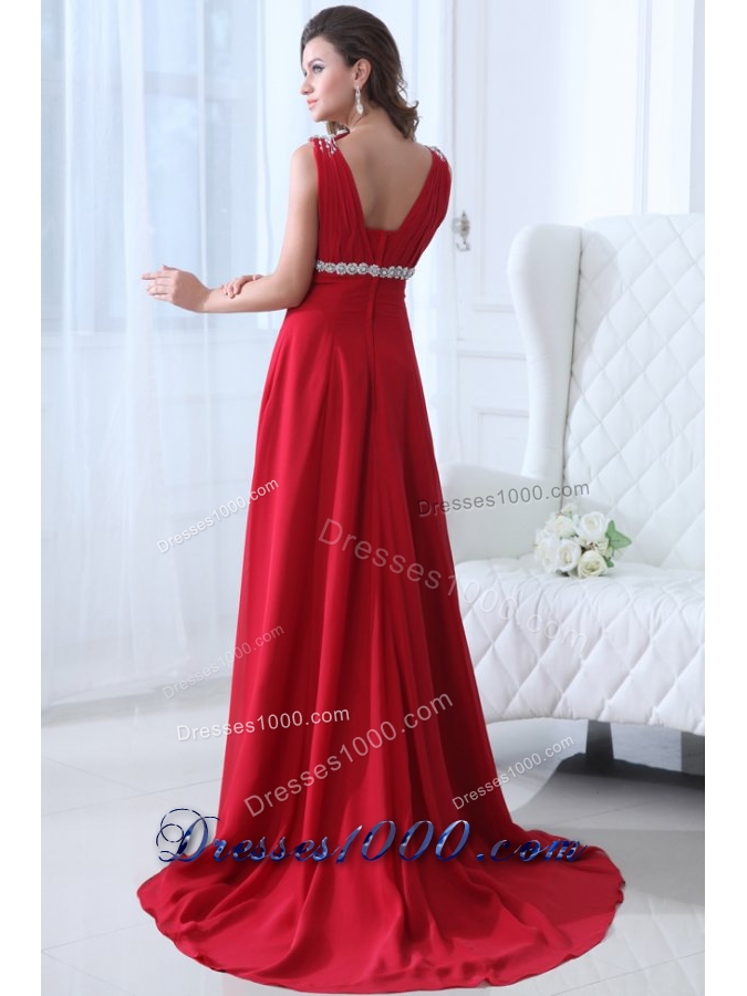 V-neck Beaded Decorated A-line Red Prom Dress with Brush Train