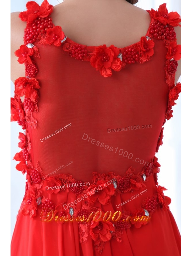 V-neck A-line Handle Flowers Red Chiffon Prom Gown for Woman