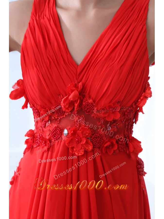 V-neck A-line Handle Flowers Red Chiffon Prom Gown for Woman