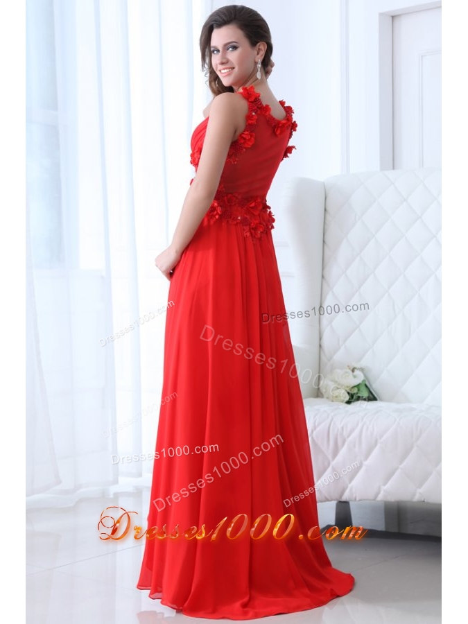 V-neck A-line Handle Flowers Red Chiffon Prom Gown for Woman