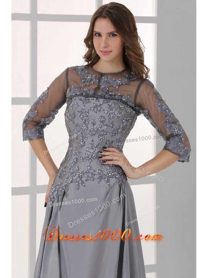 Half Sleeves Bateau A-line Beaded Appliques Prom Party Dresses