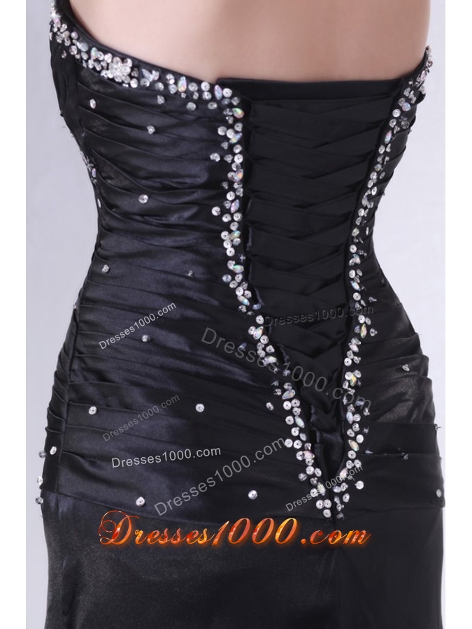 Beading and Ruching High Slit Black Prom Pageant Dress with Tail