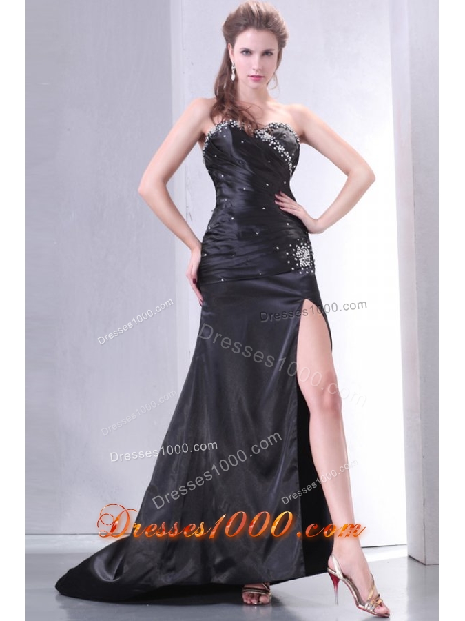 Beading and Ruching High Slit Black Prom Pageant Dress with Tail