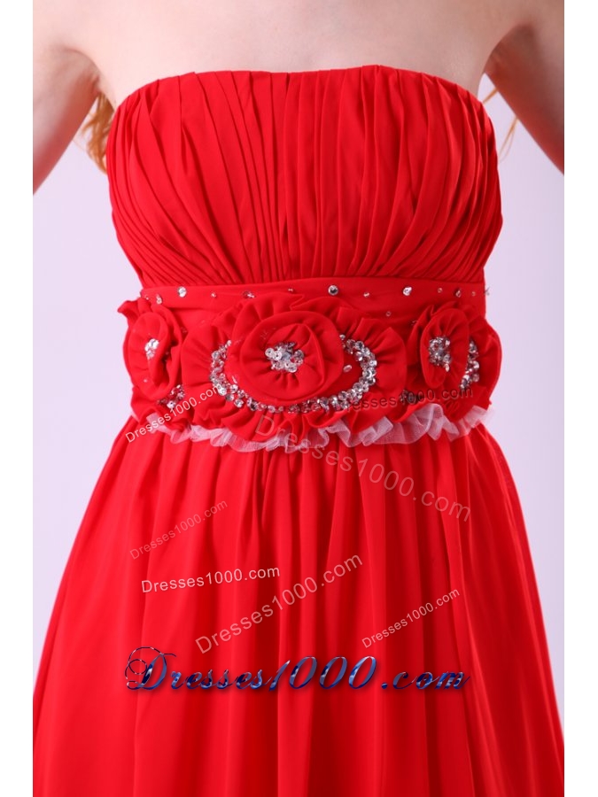 Beaded Handle Flowers Decorated Empire Red Chiffon Prom Dress