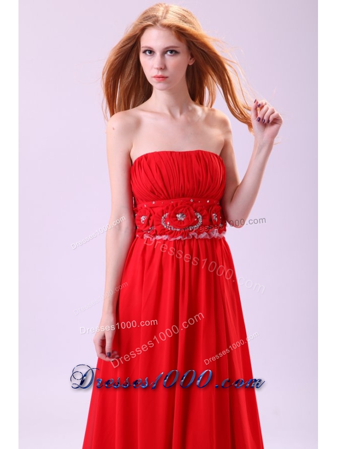 Beaded Handle Flowers Decorated Empire Red Chiffon Prom Dress