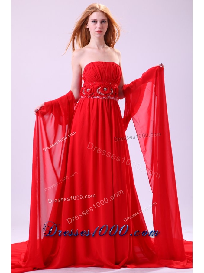 Beaded Handle Flowers Decorated Empire Red Chiffon Prom Dress