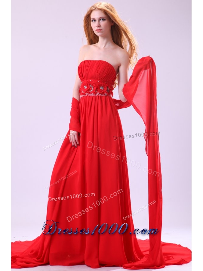 Beaded Handle Flowers Decorated Empire Red Chiffon Prom Dress