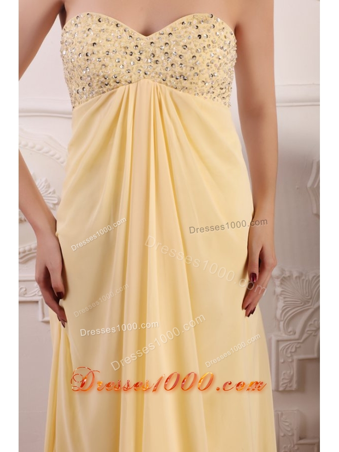 Light Yellow Empire Chiffon Prom Dress with Beaded Bust for Girls