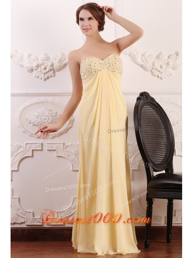 Light Yellow Empire Chiffon Prom Dress with Beaded Bust for Girls