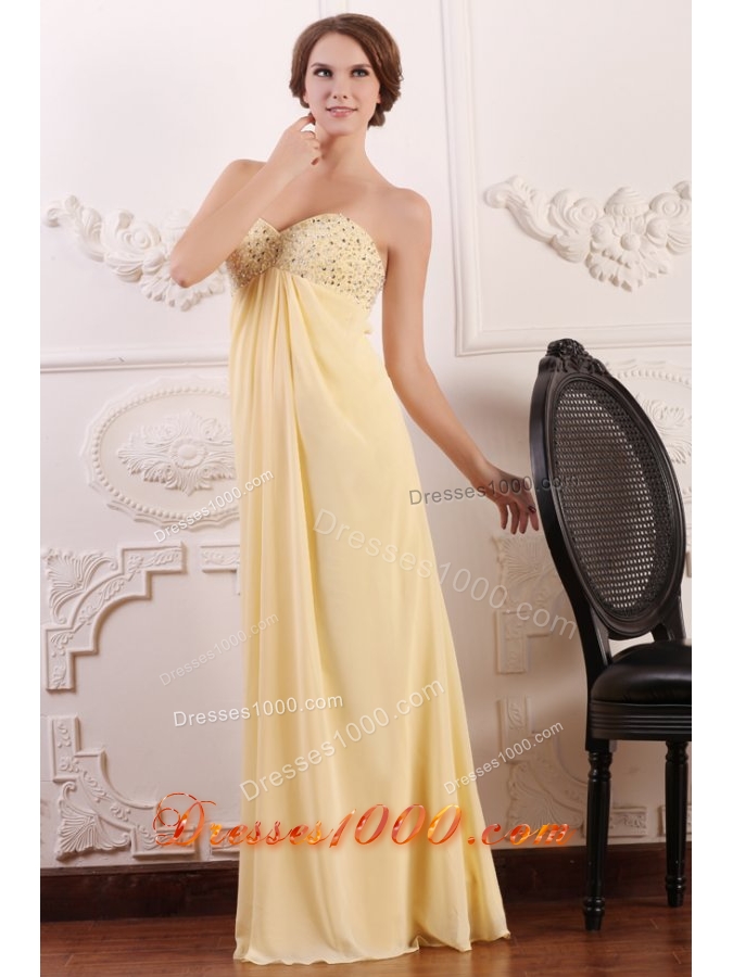 Light Yellow Empire Chiffon Prom Dress with Beaded Bust for Girls