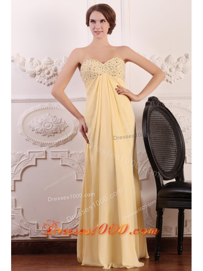 Light Yellow Empire Chiffon Prom Dress with Beaded Bust for Girls