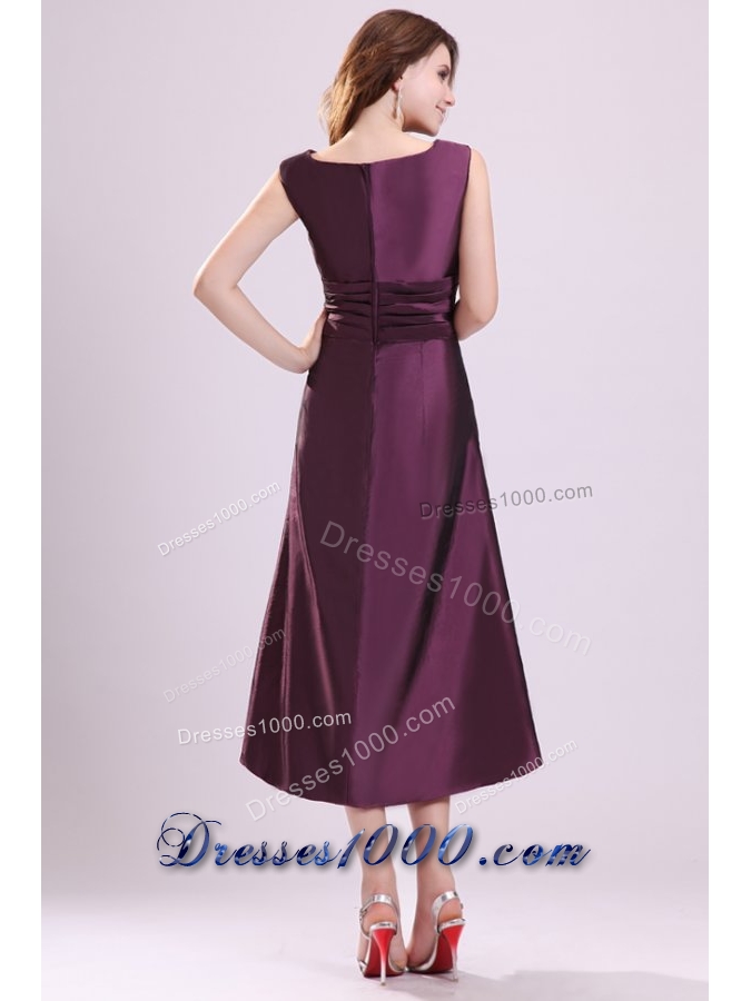 Noble Bateau Tea-length A-line Purple Taffeta Prom Gown Dresses