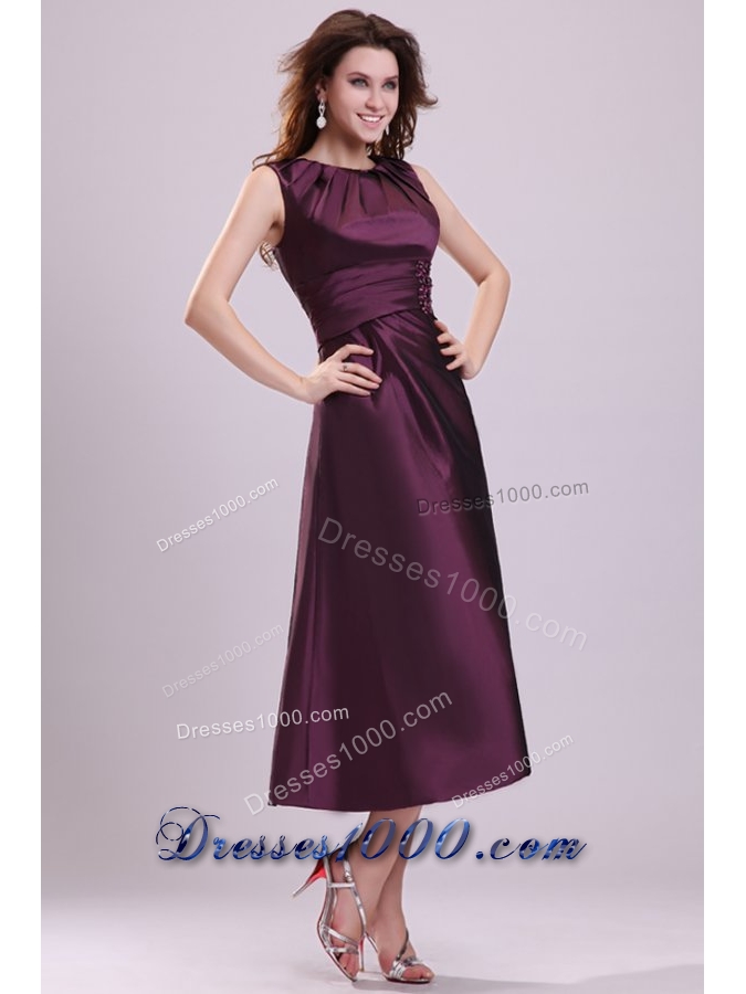 Noble Bateau Tea-length A-line Purple Taffeta Prom Gown Dresses