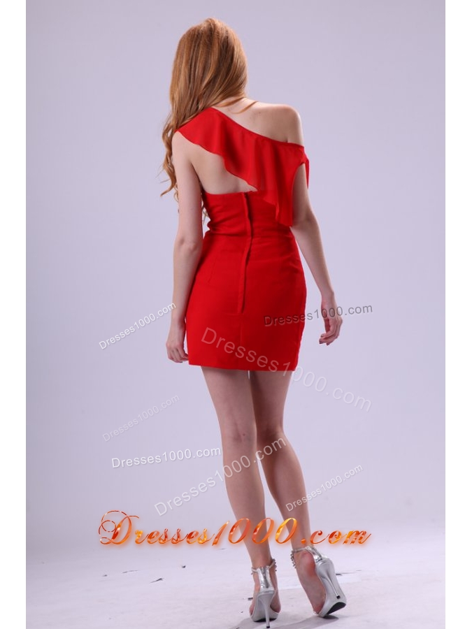 Single Shoulder Mini-length Red Prom Party Dress with Beading
