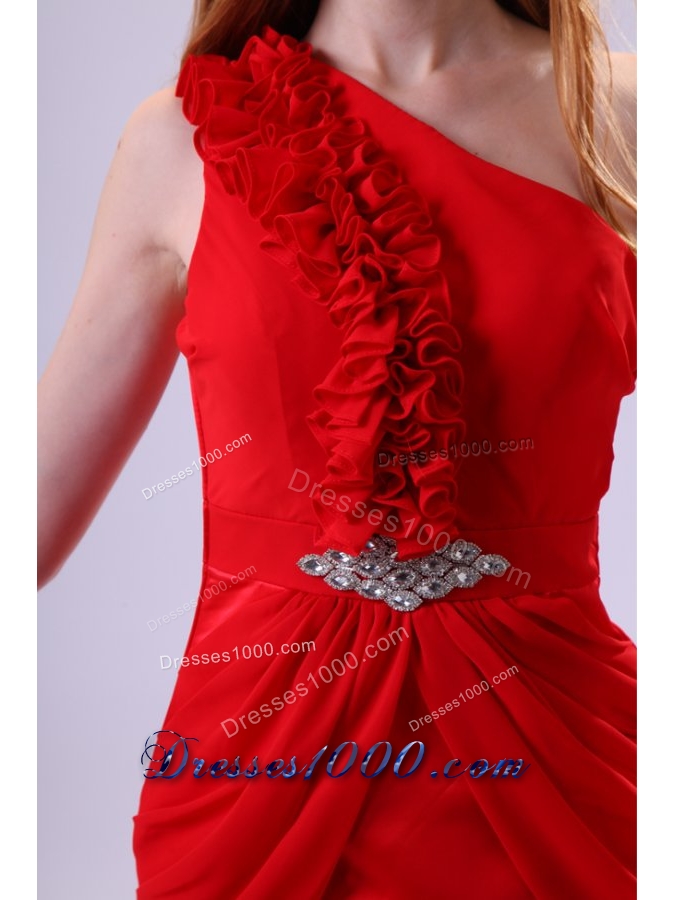 Ruffled One Shoulder Mini-Length Taffeta Prom Dresses in Red