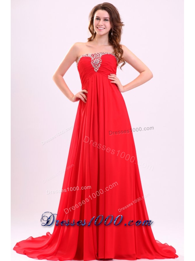 Simple Red Empire Chiffon Prom Gowns in Red with Sweep Train