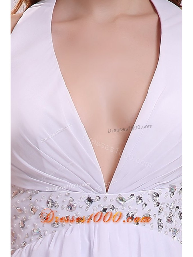 Mini-length White Halter Top Layers Prom Dresses with Beading