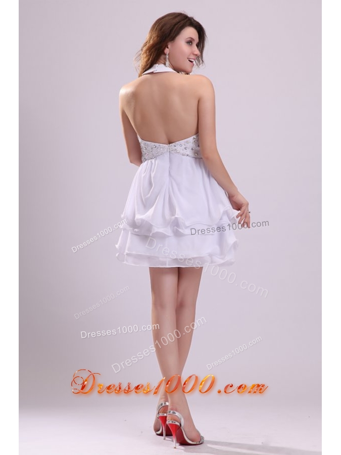 Mini-length White Halter Top Layers Prom Dresses with Beading