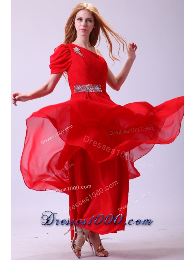 Cheap One Shoulder Beading Chiffon Prom Formal Dress in Red