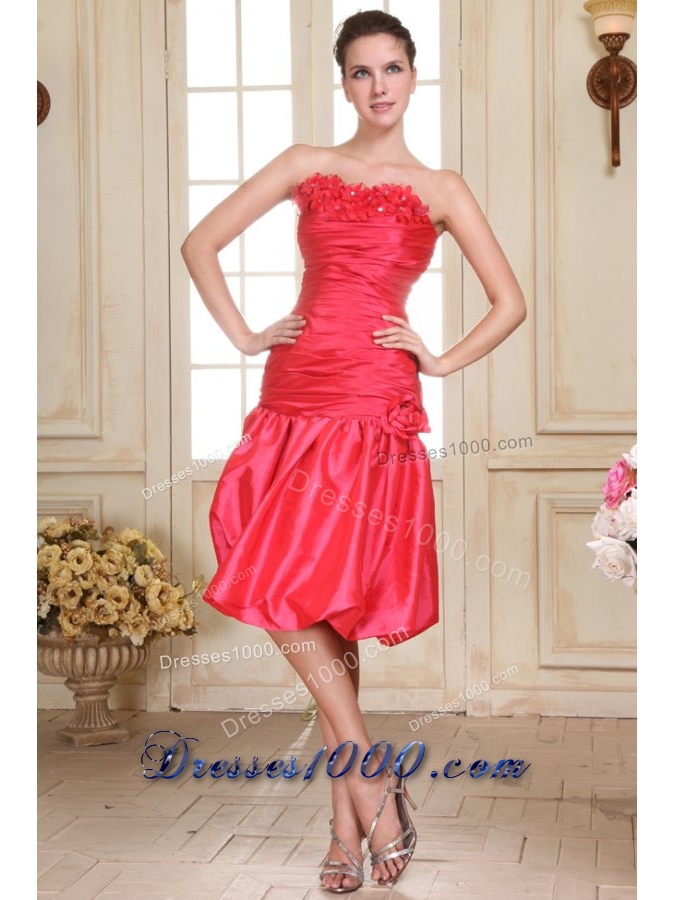 Ruche and Handle Flowers Knee-length Taffeta Prom Dama Gown