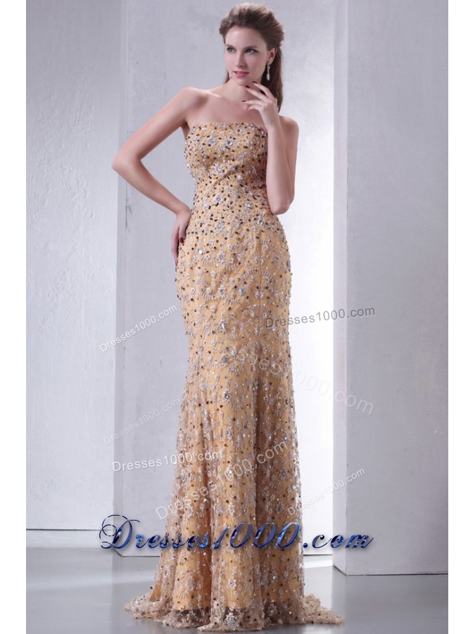 Paillettes Decorated Lace Column Strapless Prom Pageant Dresses