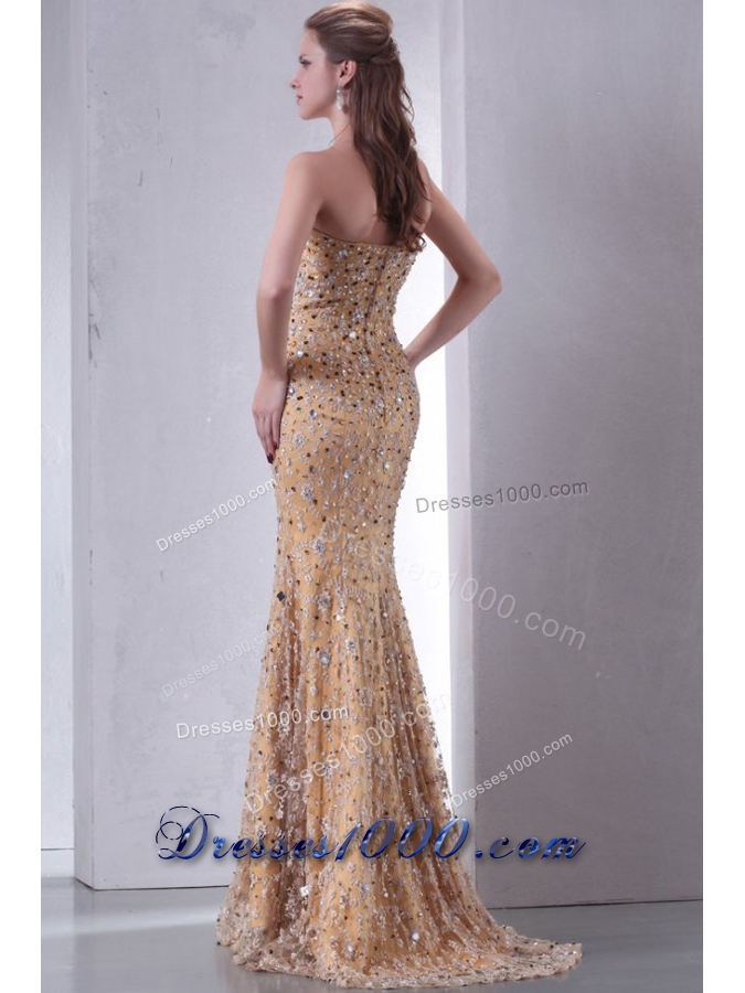 Paillettes Decorated Lace Column Strapless Prom Pageant Dresses