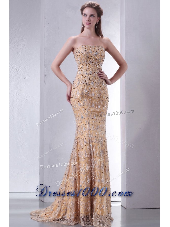 Paillettes Decorated Lace Column Strapless Prom Pageant Dresses