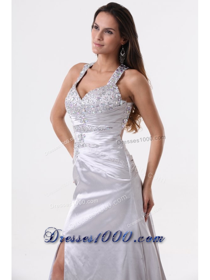 Beaded Wide Straps High Slit Sweep Train Prom Gown Dresses