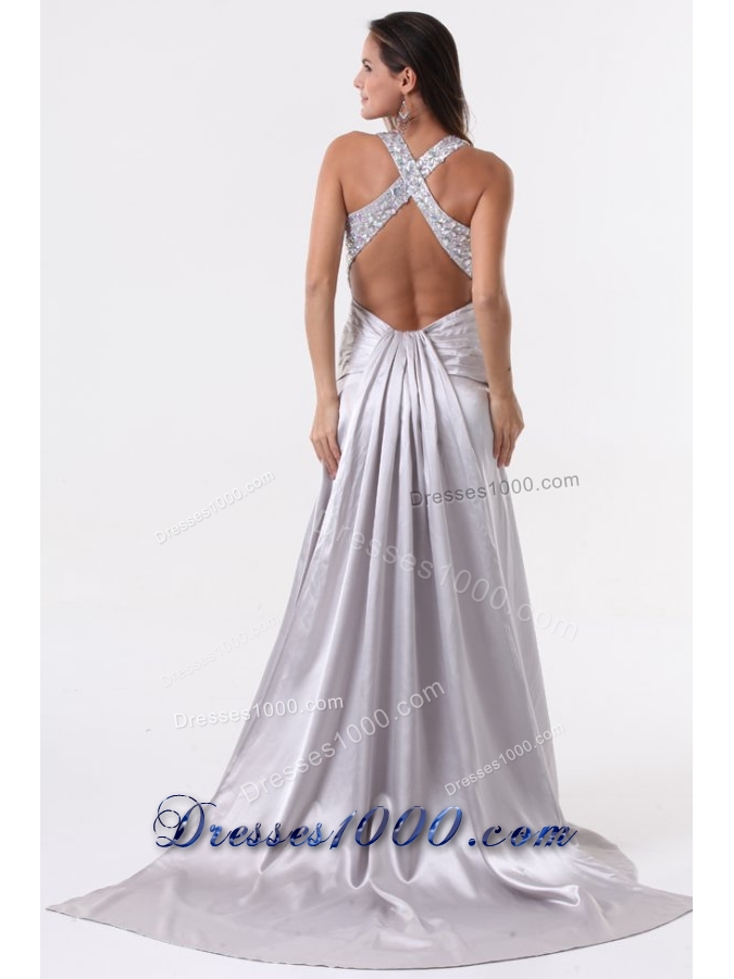 Beaded Wide Straps High Slit Sweep Train Prom Gown Dresses