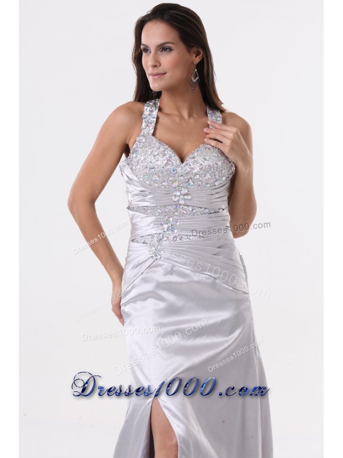 Beaded Wide Straps High Slit Sweep Train Prom Gown Dresses