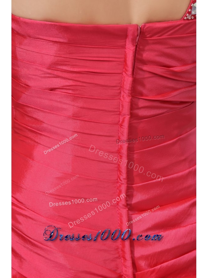 A-line Beaded Decorate One Shoulder Prom Holiday Dress in Coral Red