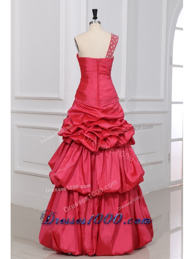 A-line Beaded Decorate One Shoulder Prom Holiday Dress in Coral Red