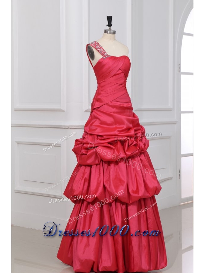 A-line Beaded Decorate One Shoulder Prom Holiday Dress in Coral Red
