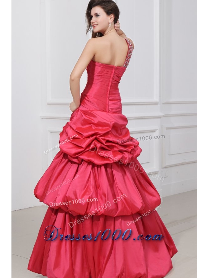 A-line Beaded Decorate One Shoulder Prom Holiday Dress in Coral Red
