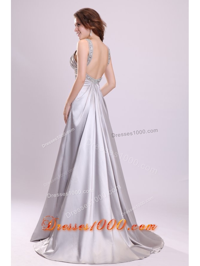 Gray Straps Beading and Ruching Brush Train Prom Gown Dress