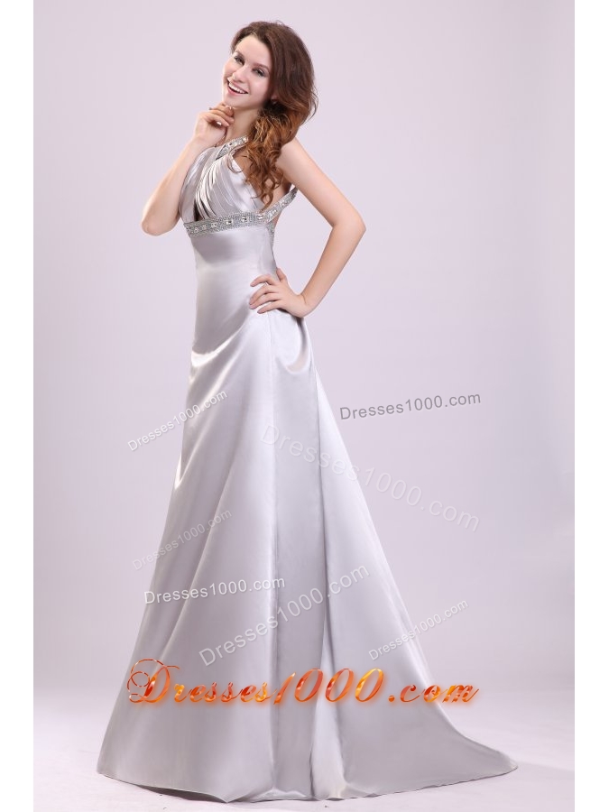 Gray Straps Beading and Ruching Brush Train Prom Gown Dress